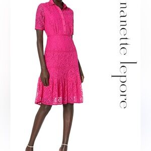 Nanette Lepore Fuchsia Lace Collared‎ Button Down Dress sz 4